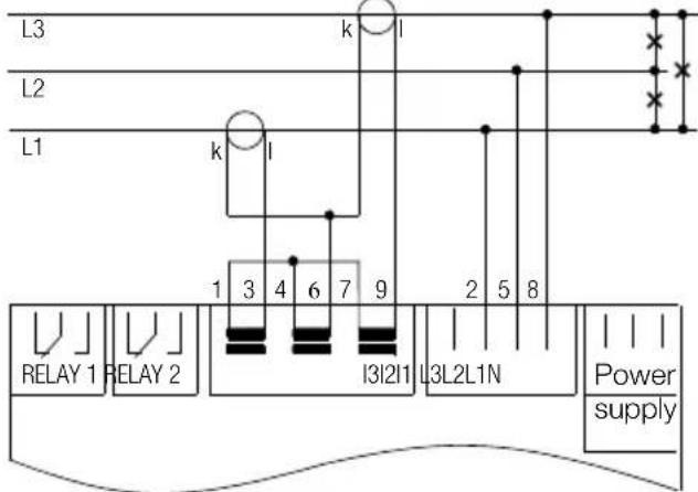 L3 k l L2 k l L1 1 3 4 6 7 9 2 5 8 RELAY 1 RELAY 2 I3I2I1 L3L2L1N Power supply