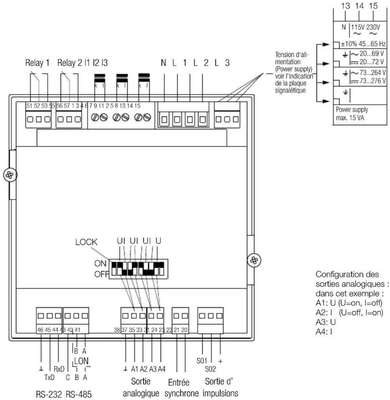 Relay 1 Relay 2 I1 I2 I3 N L 1 L 2 L 3 Tension d'alimentation (Power supply) voir l'indication de la plaque signalétique 51 52 53 54 55 56 57 1 3 4 6 7 9 11 2 5 8 13 14 15 LOCK UI UI UI U ON OFF RS-232 RS-485 RxD B A LON TxD C B A Sortie analogique Entrée synchrone Sortie d'impulsions S01 + S02 Configuration des sorties analogiques : dans cet exemple : A1: U (U=on, I=off) A2: I (U=off, I=on) A3: U A4: I
