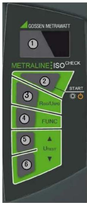 GOSSEN METRAWATT ① METRALINE:ISO CHECK 2 3 Riso/Uspo 4 FUNC 5 Utest 6 START