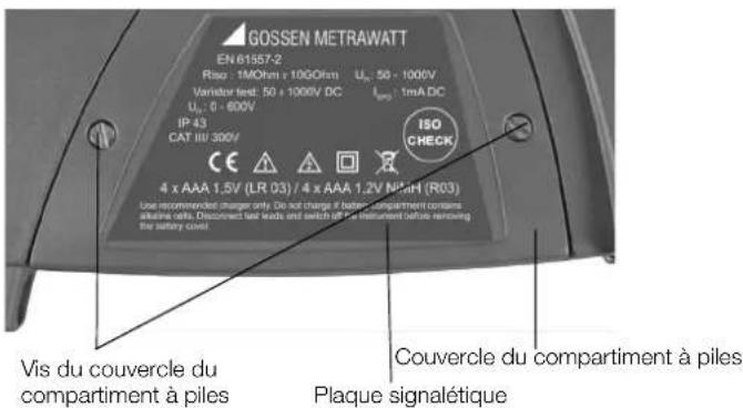 GOSSEN METRAWATT EN 61557-2 Riso : 1MOhm x 10GOrm Uo : 50 - 1000V Varistor test: 50 x 1000V DC Imp : tmA DC Uo : 0 - 600V IP 43 CAT III/ 300V ISO CHECK 4 x AAA 1,5V (LR 03) / 4 x AAA 1,2V NPMH (R03) Line recommended charger only. Do not charge if battery compartment contains alkaline cells. Disconnect test reads and switch off the instrument before removing the battery cover. Vis du couvercle du compartment à piles Couvercle du compartiment à piles Plaque signalétique