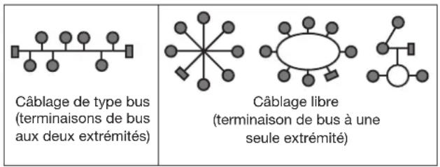 Câblage de type bus (terminaisons de bus aux deux extrémités) Câblage libre (terminaison de bus à une seule extrémité)