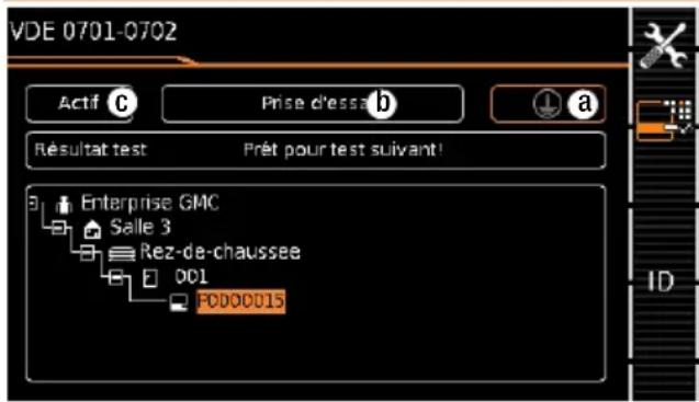 VDE 0701-0702 Actif C Prise d'essa b a Résultat test Prét pour test suivant! Enterprise GMC Salle 3 Rez-de-chaussee DD1 F0000015 ID