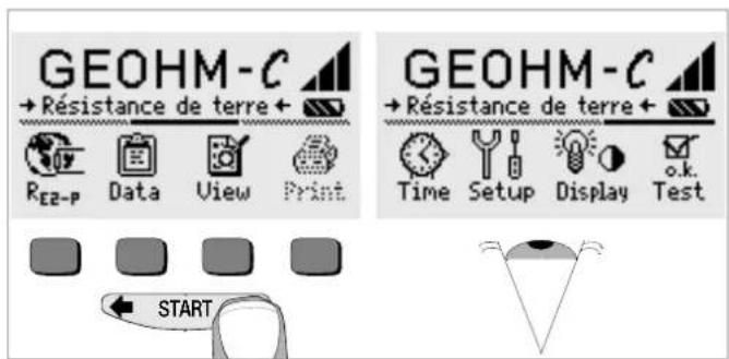 GEOHM-C → Résistance de terre + RE2-P Data View Print GEOHM-C → Résistance de terre + Time Setup Display o.k. Test START