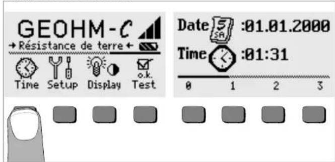 GEOHM-C → Résistance de terre + Time Setup Display Test Date :01.01.2000 Time :01:31 0 1 2 3