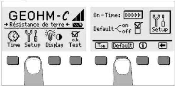 GEOHM-C → Résistance de terre + Time Setup Display Test On - Time: DDDDD Default