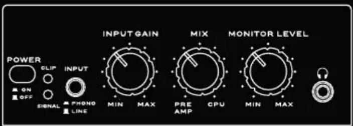 POWER CLIP INPUT INPUT GAIN MIX MONITOR LEVEL ON OFF SIGNAL PHONO LINE MIN MAX PRE AMP CPU MIN MAX