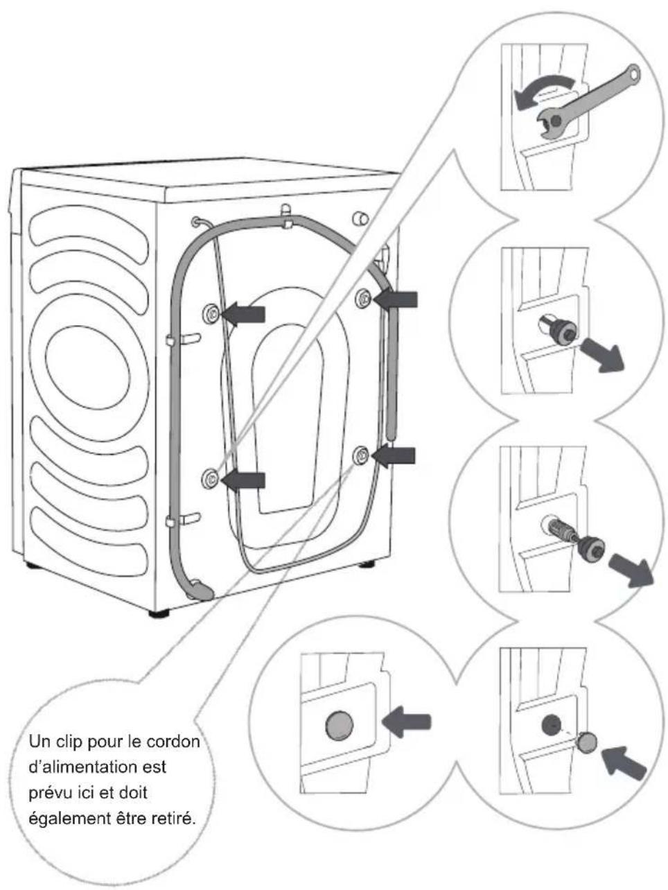 HISENSE WD3S9043BW3 - RETRAIT DES BOULONS/VIS DE TRANSPORT - 1