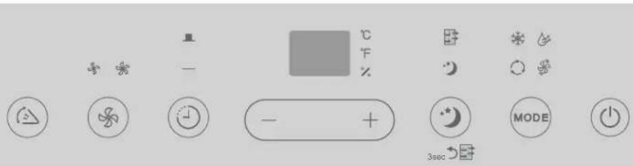 Control panel interface with icons for weather, temperature, humidity, mode, and power symbols