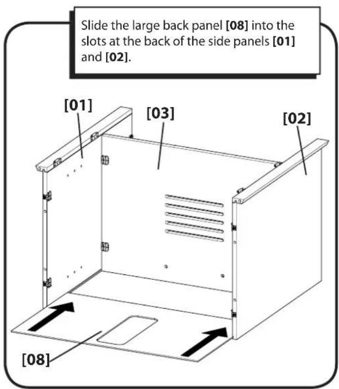 Slide the large back panel [08] into the slots at the back of the side panels [01] and [02]. [01] [03] [02] [08]