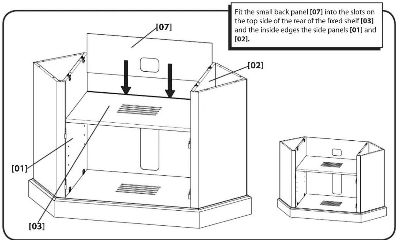 [07] [02] Fit the small back panel [07] into the slots on the top side of the rear of the fixed shelf [03] and the inside edges the side panels [01] and [02]. [01] [03]