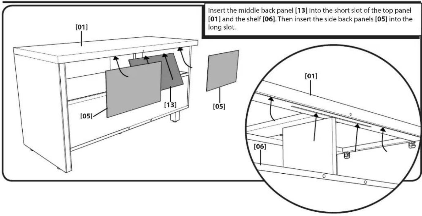 [01] [05] [13] Insert the middle back panel [13] into the short slot of the top panel [01] and the shelf [06]. Then insert the side back panels [05] into the long slot. [05] [01] c [06] 0 0