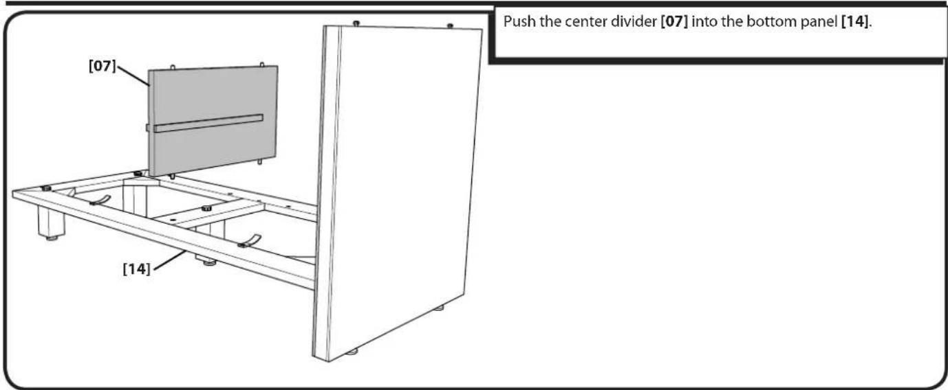 [07] Push the center divider [07] into the bottom panel [14]. [14]