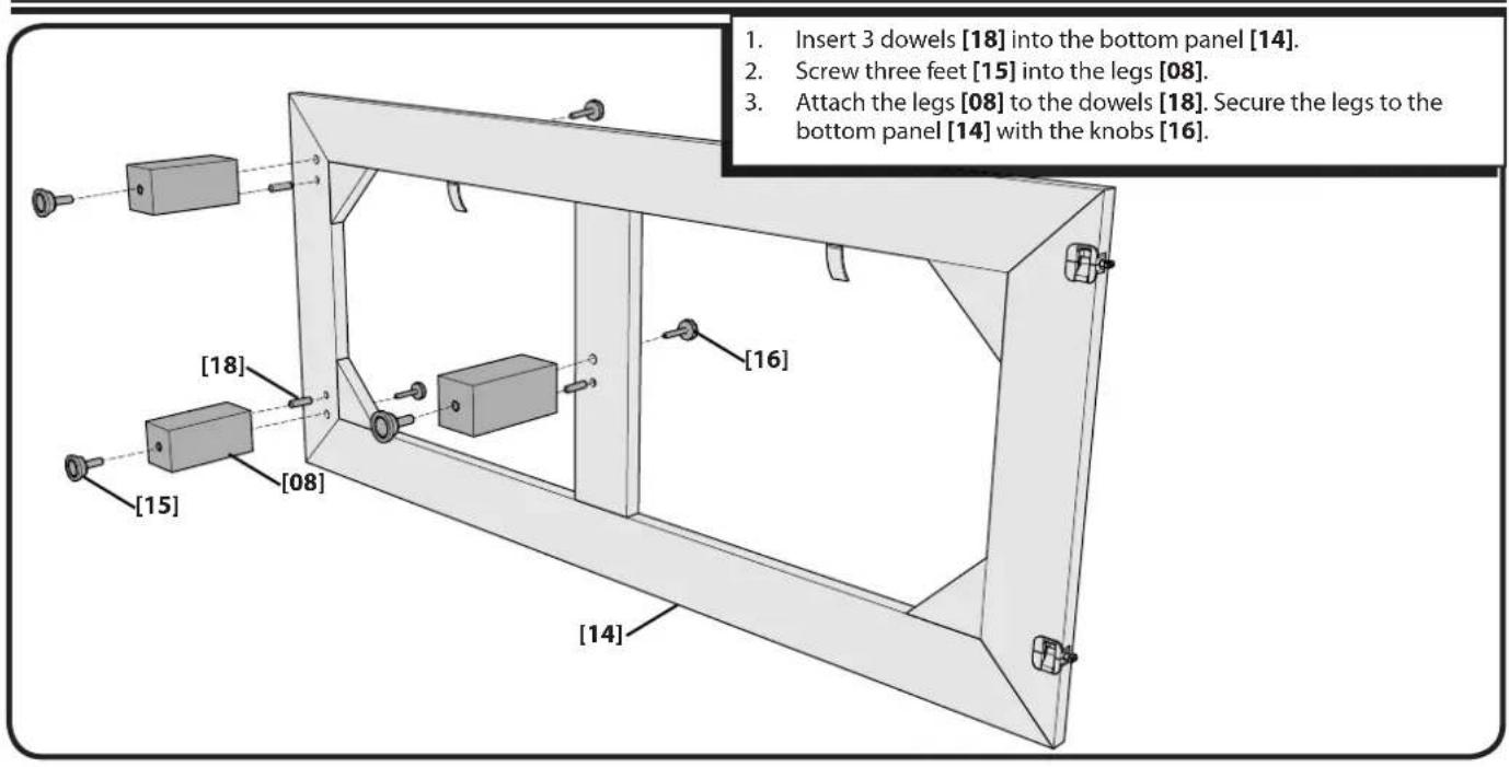1. Insert 3 dowels [18] into the bottom panel [14]. 2. Screw three feet [15] into the legs [08]. 3. Attach the legs [08] to the dowels [18]. Secure the legs to the bottom panel [14] with the knobs [16]. [16] [18] [08] [15] [14]