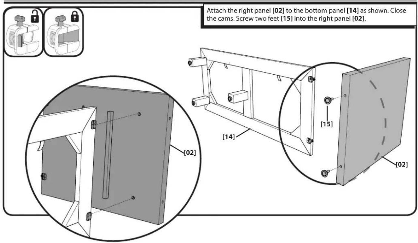 Attach the right panel [02] to the bottom panel [14] as shown. Close the cams. Screw two feet [15] into the right panel [02]. [02] [14] [15] [02]