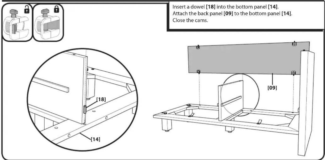 Insert a dowel [18] into the bottom panel [14]. Attach the back panel [09] to the bottom panel [14]. Close the cams. [18] [09] [14]