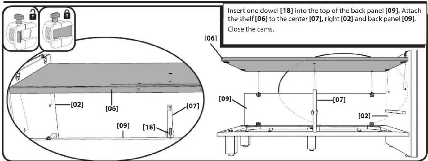 Insert one dowel [18] into the top of the back panel [09]. Attach the shelf [06] to the center [07], right [02] and back panel [09]. Close the cams. [06] [02] [06] [07] [09] [18] [09] [07] [02]