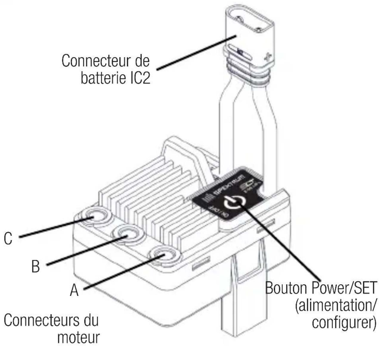 Connecteur de batterie IC2 C B A Connecteurs du moteur Boulon Power/SET (alimentation/configurer)