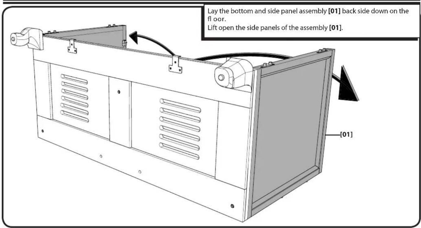 Lay the bottom and side panel assembly [01] back side down on the floor. Lift open the side panels of the assembly [01]. [01]