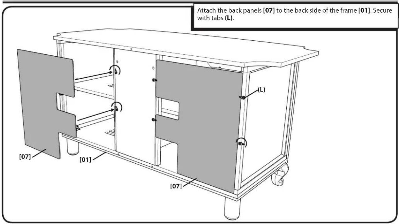 Attach the back panels [07] to the back side of the frame [01]. Secure with tabs (L). [07] [01] [07] (L)