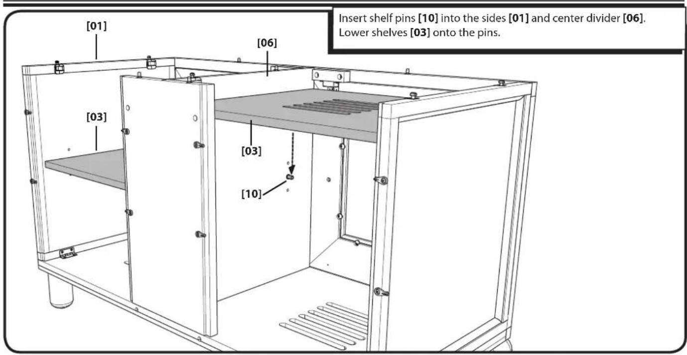 [01] [03] [06] Insert shelf pins [10] into the sides [01] and center divider [06]. Lower shelves [03] onto the pins. [03] [10]