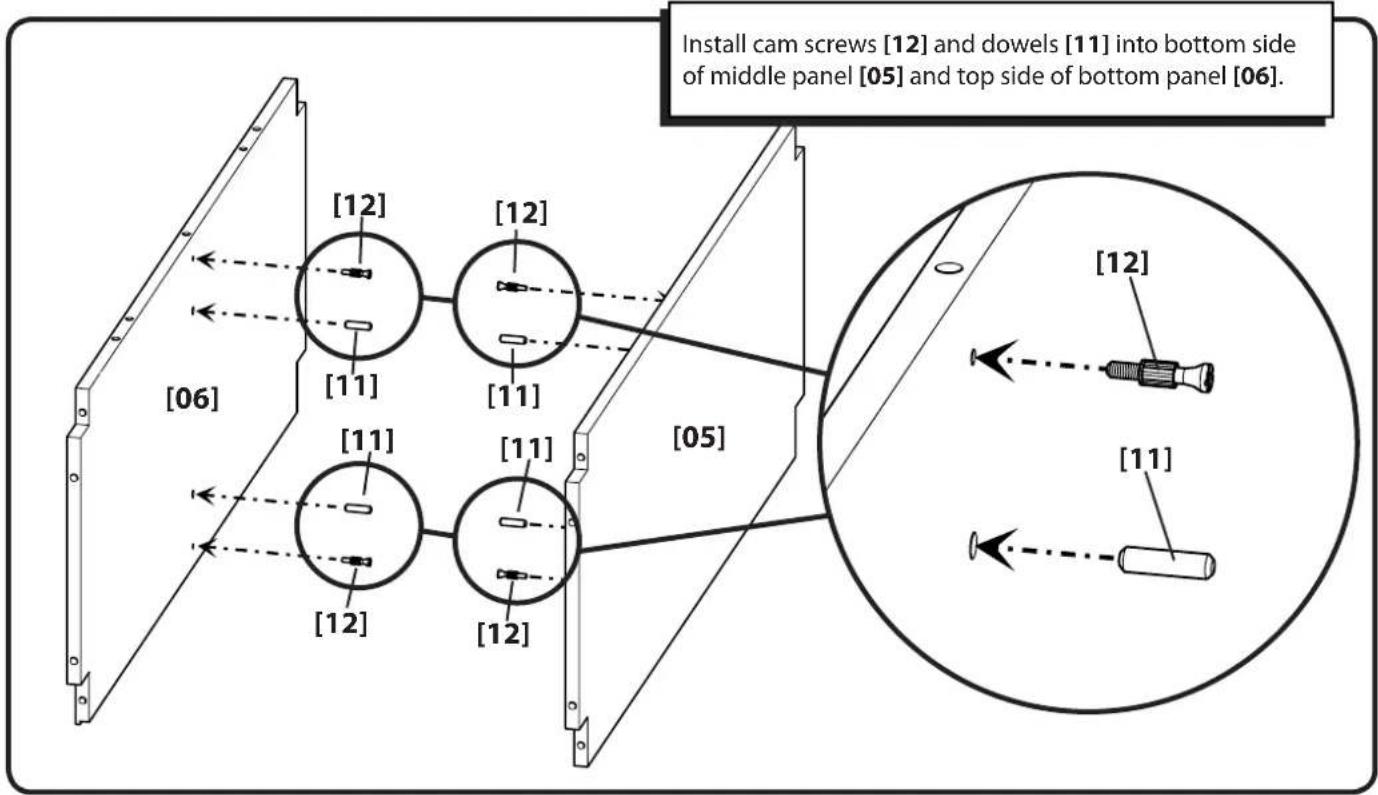 Install cam screws [12] and dowels [11] into bottom side of middle panel [05] and top side of bottom panel [06]. [12] [11] [12] [11] [12] [11] [12] [06] [05] [12] [11]