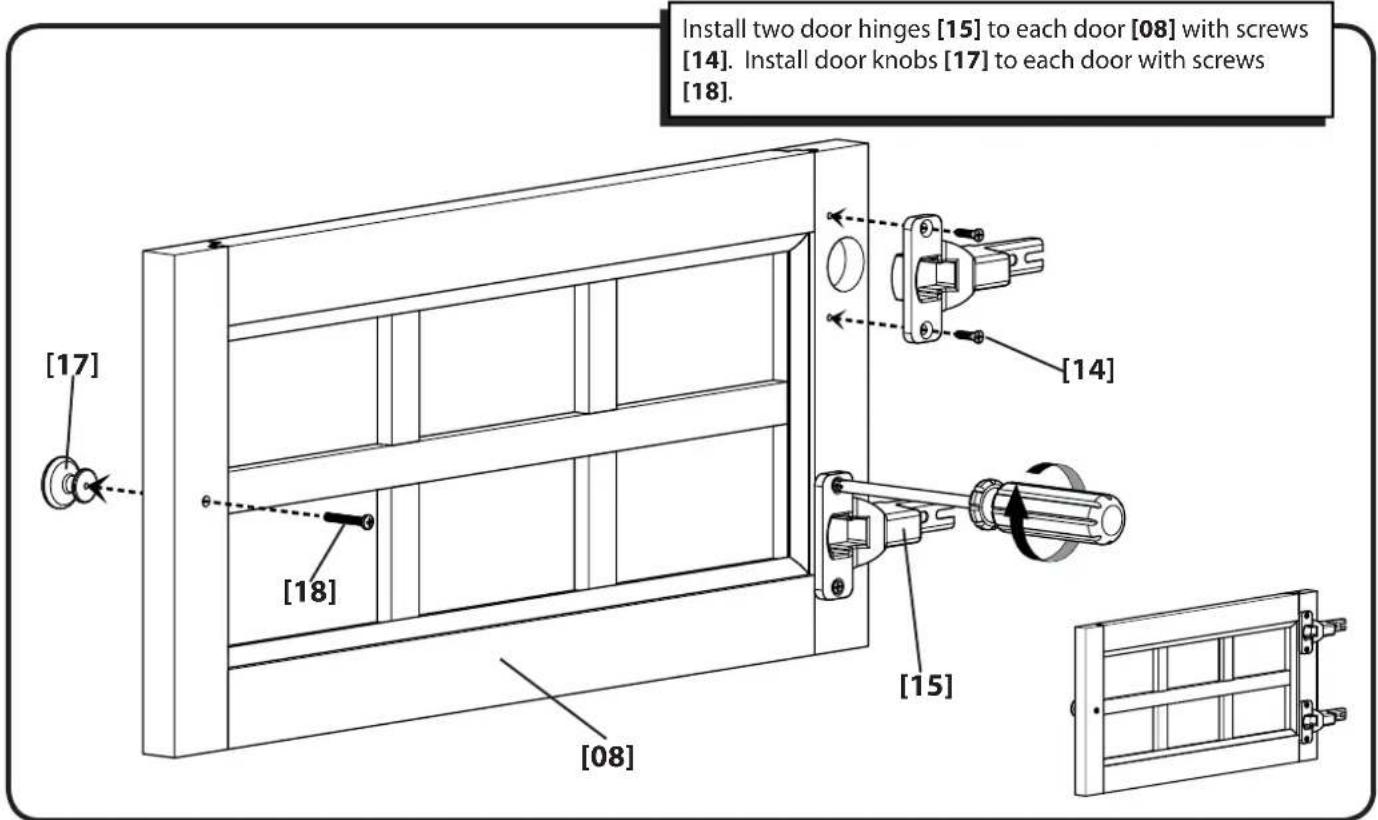 Install two door hinges [15] to each door [08] with screws [14]. Install door knobs [17] to each door with screws [18]. [17] [18] [14] [15] [08]