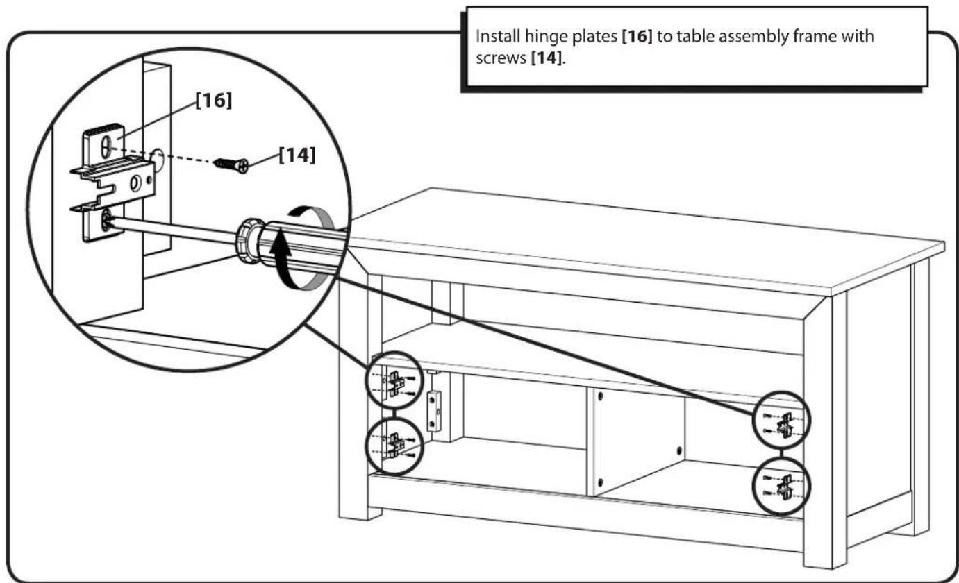 Install hinge plates [16] to table assembly frame with screws [14].