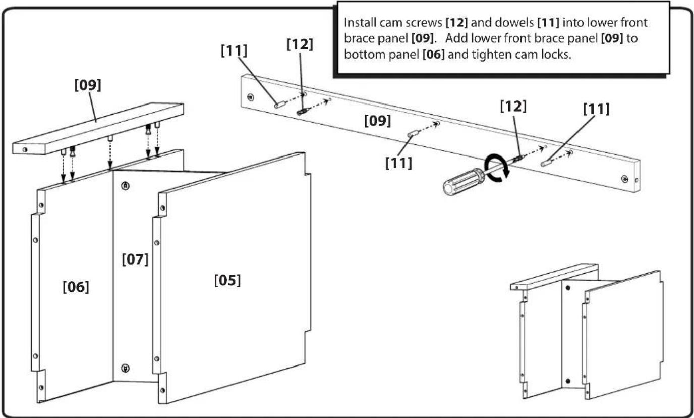 [09] [11] [12] Install cam screws [12] and dowels [11] into lower front brace panel [09]. Add lower front brace panel [09] to bottom panel [06] and tighten cam locks. [09] [11] [12] [11] [06] [07] [05]