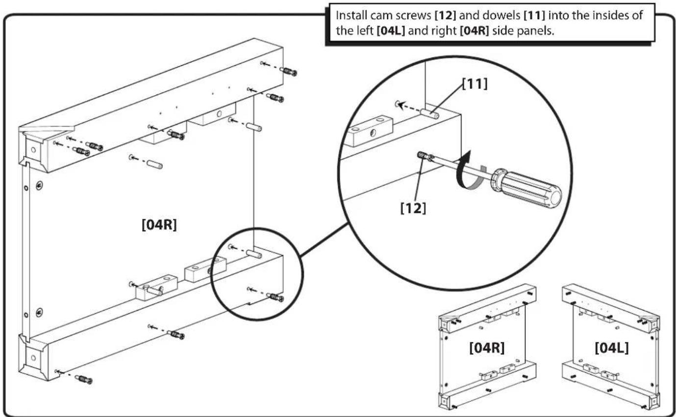 Install cam screws [12] and dowels [11] into the insides of the left [04L] and right [04R] side panels. [04R] [11] [12] [04R] [04L]