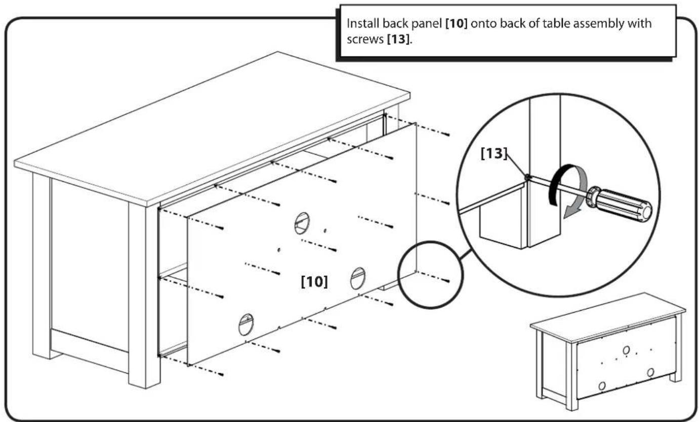Install back panel [10] onto back of table assembly with screws [13]. [10] [13]