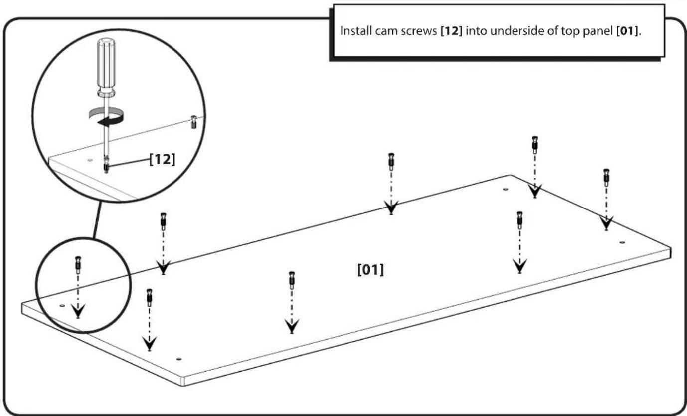 Install cam screws [12] into underside of top panel [01]. [12] [01]