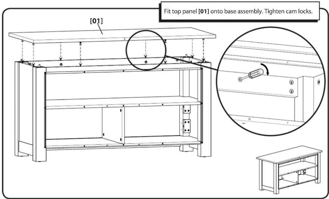[01] Fit top panel [01] onto base assembly. Tighten cam locks.