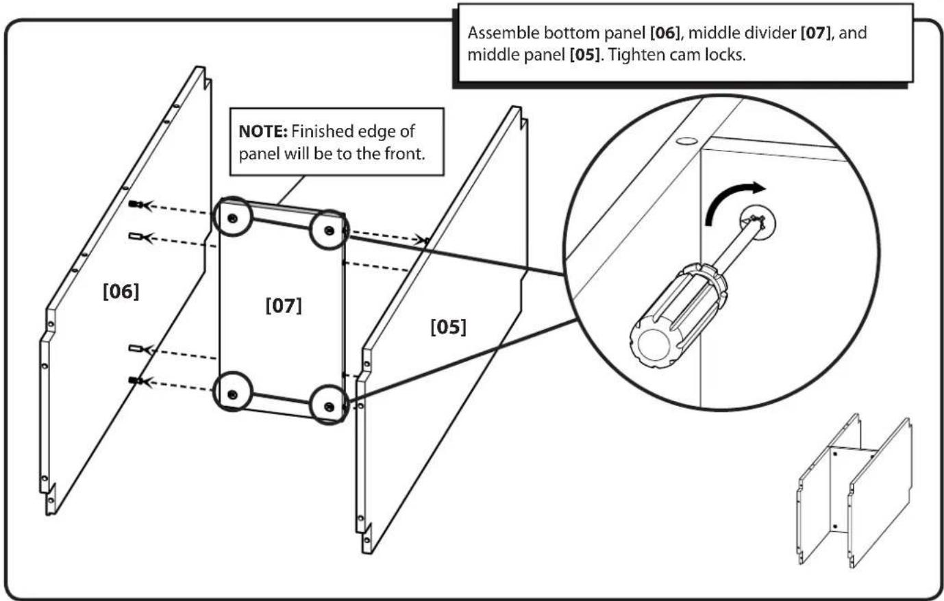 Assemble bottom panel [06], middle divider [07], and middle panel [05]. Tighten cam locks. NOTE: Finished edge of panel will be to the front. [06] [07] [05]