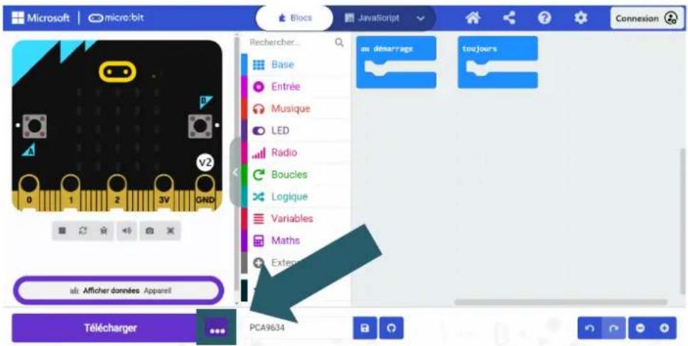 Microsoft | micro:bit Blocs JavaScript Connexion Rechercher... Base Entrée Musique LED Radio Boucles Logique Variables Maths Exteriors as démarrages toujours v2 0 1 2 3V GND alt Afficher données Apparel Télécharger PCA9634