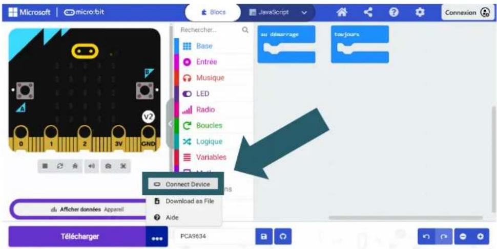 Microsoft | micro:bit Blocs JavaScript Connexion Rechercher... Base Entrée Musique LED Radio Boucles Logique Variables Connect Device Download as File Aide ui Afficher données Apparel Télécharger PCA9634