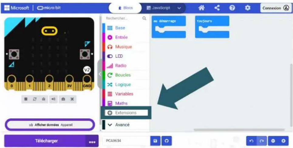Microsoft | micro:bit Blocs JavaScript Connexion Rechercher... Base Entrée Musique LED Radio Boucles Logique Variables Maths Extensions Avancé au désarrage toujours Télécharger PCA9634