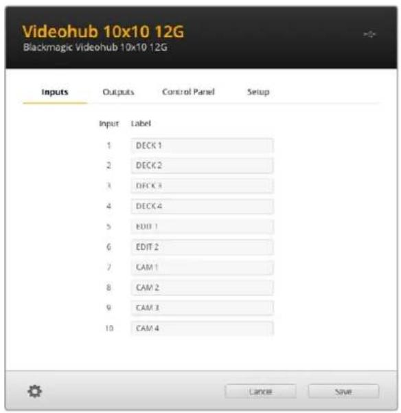 Blackmagic Design Videohub Master Control Pro - Присвоение ярлыков входам и выходам - 1