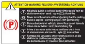 ATTENTION-WARNING-PELIGRO-AVVERTENZA-ACHTUNG F No jamais quitter le vehicule sans vérifier que lo frein de stationnement est serre : voyant ( ) allume fixe GB Never leave the vehicle without checking that the parking brake is applied: warning lamp ON permanently E Nunca abandonar el vehiculo sin verificar que el freno de mano este activado : luz ( ) enceidida y fija I Prima di scendere dalla rettura verificare che il freno di estanzamento sia inserito: spia ( ) accessa fissa D Fahrzeug niv verlassen, ohne vorher zu prufen, obi die elektrische parkbremse angezogen ist. Die kontrolleuche ( ) leuchtet dann permanent