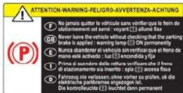 ATTENTION-WARNING-PELIGRO-AVVERTENZA-ACHTUNG No jamus quitter le véhicule sans vérifier que le frein de stationnement est sere : voyant Ⓞ allume fixe Never leave the vehicle without checking that the parking brake is applied : warning tamp Ⓞ On permanently Nunca abandonar el vehículo sin verificar que el treno de mano este activado : luz Ⓞ encandida y fija Prima di scandere della rettura verificate che il treno di stazonzamento sia inserito : spia Ⓞ accessa fissa Fahrzeug no verlassen, ohne vorher zu prufen, ob die elektrische parkbremse angezogen ist. Die kontreileuchtte Ⓞ leuchtet dann permanent