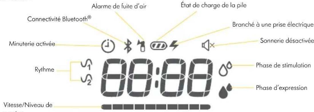 Connectivité Bluetooth® Alarme de fuite d'air État de charge de la pile Minuterie activée Branché à une prise électrique Sonnerie désactivée Rythme 88:88 Phase de stimulation Phase d'expression Vitesse/Niveau de vension