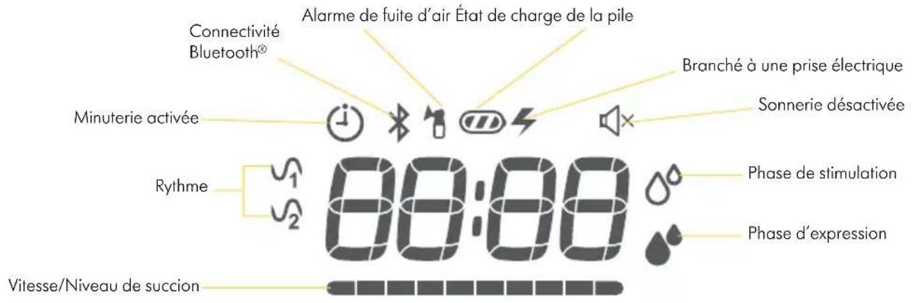 Connectivité Bluetooth® Alarme de fuite d'air État de charge de la pile Minuterie activée Branché à une prise électrique Sonnerie désactivée Rythme Phase de stimulation Vitesse/Niveau de succion Phase d'expression