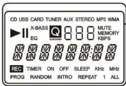 CD USB CARD TUNER AUX STEREO MP3 WMA X-BASS EQ 8 8 8 MUTE MEMORY KBPS REC TIMER ON OFF SLEEP KHz MHz PROG RANDOM INTRO REPEAT 1 ALL