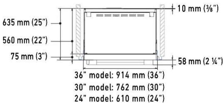 635 mm (25") 560 mm (22") 75 mm (3") 10 mm (¾") 58 mm (2 ½") 36" model: 914 mm (36") 30" model: 762 mm (30") 24" model: 610 mm (24")