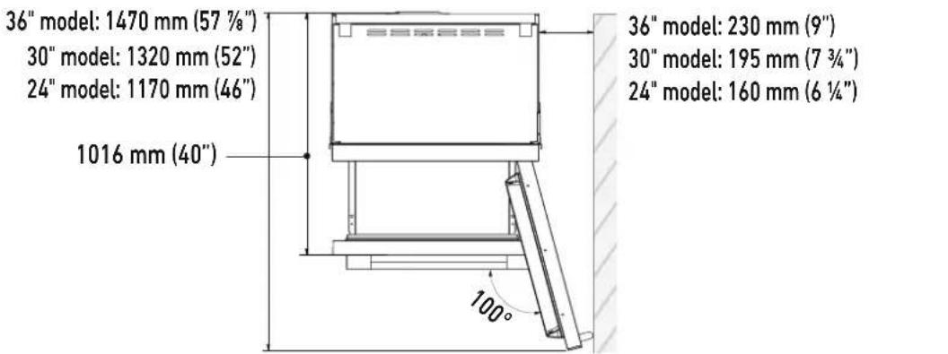 36" model: 1470 mm (57 %") 30" model: 1320 mm (52") 24" model: 1170 mm (46") 1016 mm (40") 36" model: 230 mm (9") 30" model: 195 mm (7 ¾") 24" model: 160 mm (6 ¼") 100°