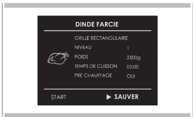 DINDE FARCIE GRILLE RECTANGULAIRE NIVEAU 1 POIDS 2500g TEMPS DE CUISSON 02:00 PRE CHAUFFAGE OUI START ▶ SAUVER