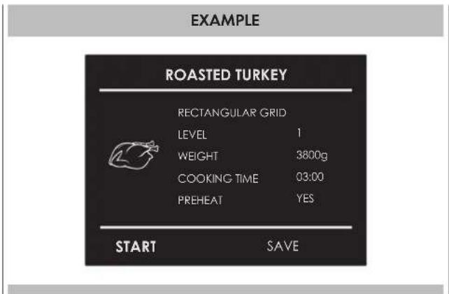 EXAMPLE ROASTED TURKEY RECTANGULAR GRID LEVEL 1 WEIGHT 3800g COOKING TIME 03:00 PREHEAT YES START SAVE
