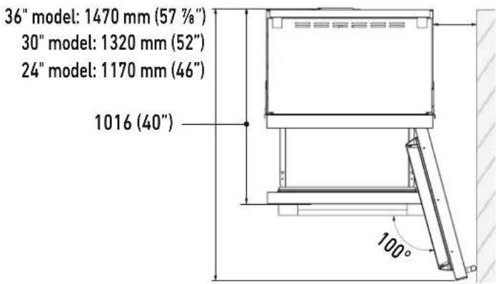 36" model: 1470 mm (57 ¾") 30" model: 1320 mm (52") 24" model: 1170 mm (46") 1016 (40") 100°