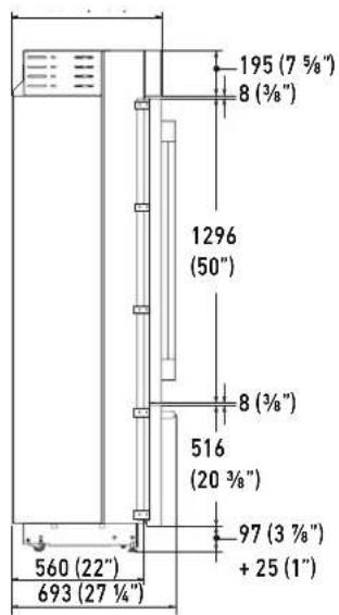 195 (7 ⅓") 8 (⅓") 1296 (50") 8 (⅓") 516 (20 ⅓") 97 (3 ⅓") + 25 (1") 560 (22") 693 (27 ⅓)