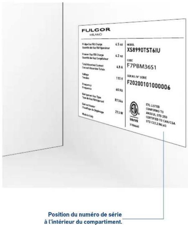 FULGOR MILANO Folge Gas FRI Charge 4.5 oz Quantité de Gas Refrigerateur Frontier Gas FRI Charge 4.2 oz Quantité de Gas Congénérate Total Absentiment Current 4.8 A Current Absentiment Total Voltage 115 V Tensile Frequency 60 Hz Frequency Extriglycerol Gas Type R134a Type de Gas Refrigerant Extriglycerol Chordège du Décharge 213 W Made-in-Italy MODEL XS8990TST6IU CODE F7PBM36S1 SER.NO./N° SERIE F20200101000006 ETL LISTED COMFORMS TO ANSIFUL STD 250 CERTIFIED TO CAN/CSA STD C22.2 NO.43 INTERTK STRA440 Position du numéro de série à l'intérieur du compartiment.