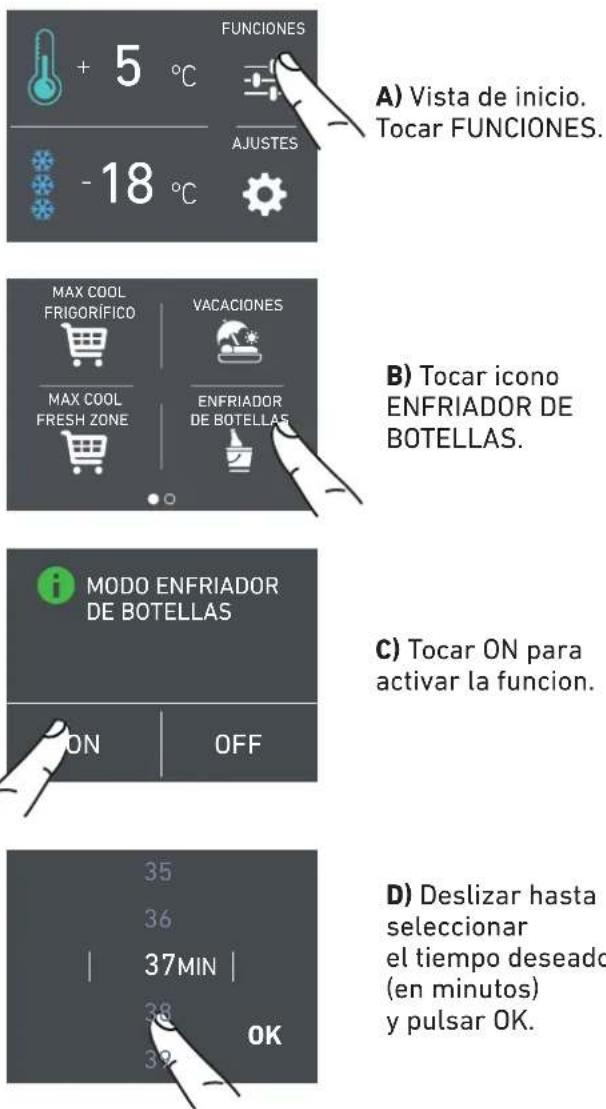 FUNCIONES + 5 °C -18 °C A) Vista de inicio. Tocar FUNCIONES. MAX COOL FRIGORÍFICO MAX COOL FRESH ZONE VACACIONES ENFRIADOR DE BOTELLAS B) Tocar icono ENFRIADOR DE BOTELLAS. MODO ENFRIADOR DE BOTELLAS C) Tocar ON para activar la funcion. ON OFF 35 36 37MIN | 38 OK D) Deslizar hasta seleccionar el tiempo deseado (en minutos) y pulsar OK.